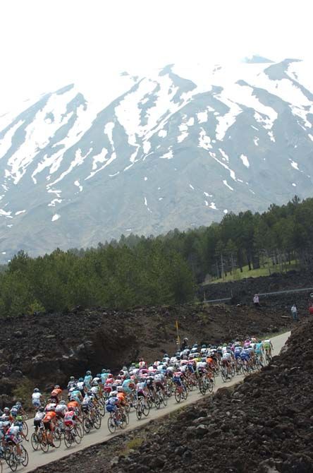 Spectacular scenes at the 2011 Giro as the peloton heads towards Mount Etna