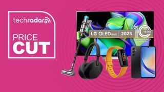 LG OLED TV, Dyson vacuum, Fitbit Charge, Sony headphones and Samsung phone on a pink background