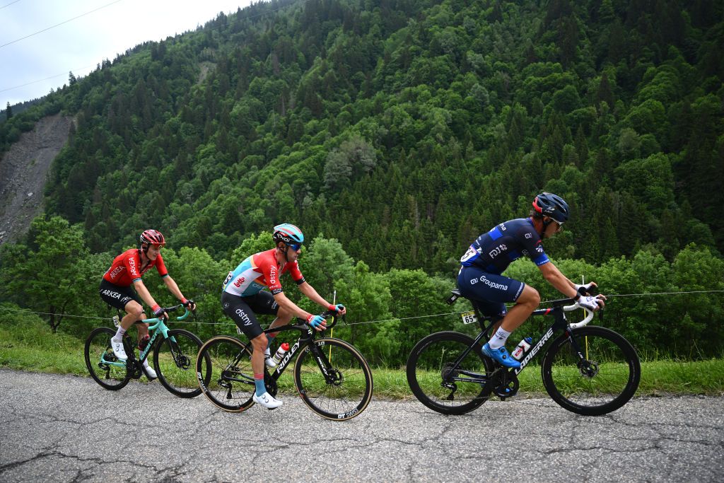 COL DE LA CROIX DE FER FRANCE JUNE 10 LR Simon Guglielmi of France and Team Arka Samsic Eduardo Seplveda of Argentina and Team Lotto Dstny and Valentin Madouas of France and Team Groupama FDJ compete during the 75th Criterium du Dauphine 2023 Stage 7 a 1479km stage from PortedeSavoie to Col de la Croix de Fer 2067m UCIWT on June 10 2023 in Col de la Croix de Fer France Photo by Dario BelingheriGetty Images