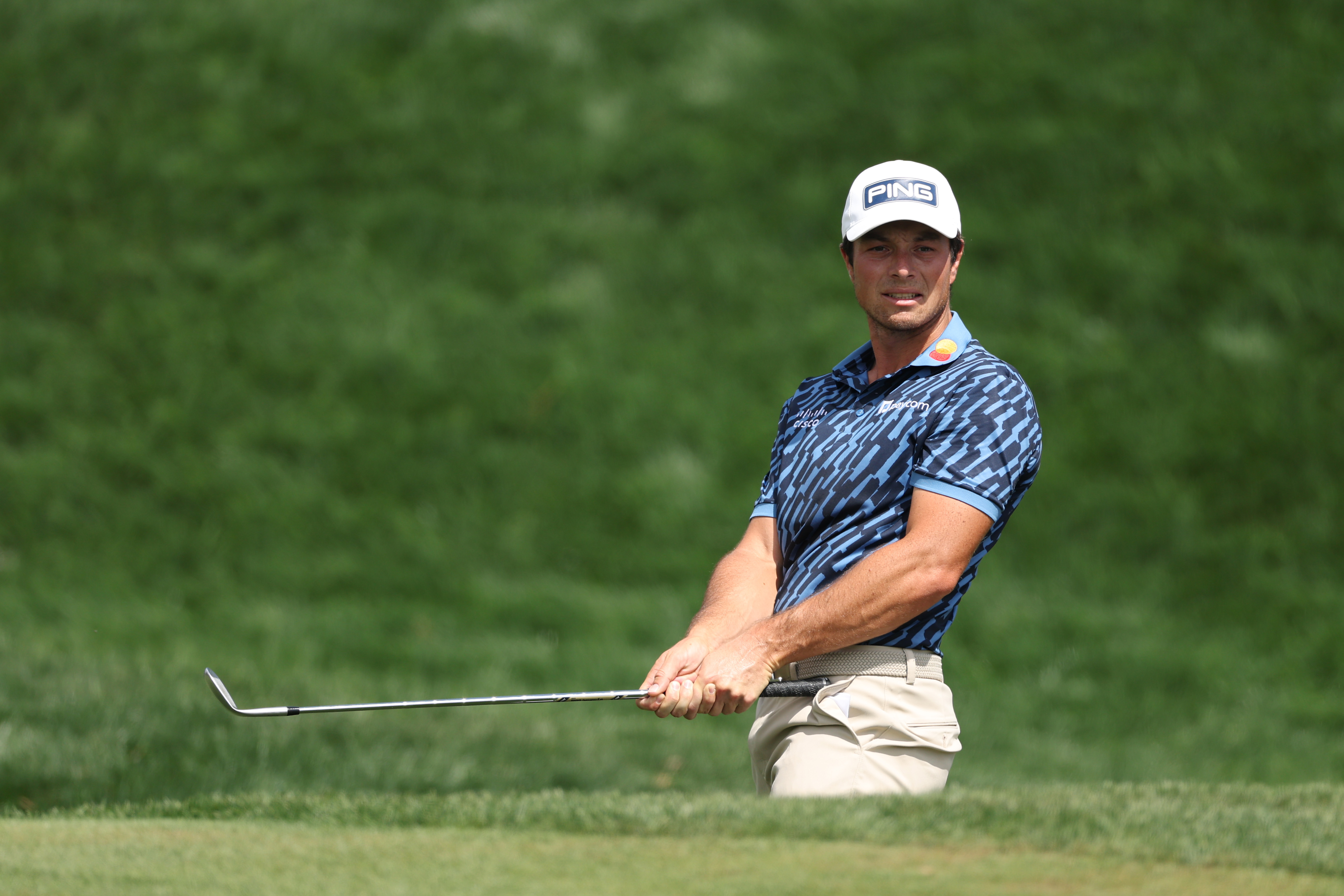Viktor Hovland plays a shot on the second hole during the final round of The Players Championship 2026