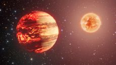 A glowing orange and brown sphere next to a brighter orange sphere.