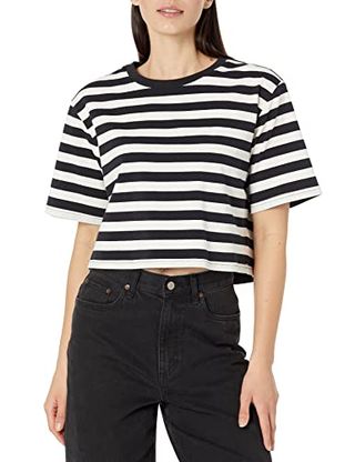 The Drop Women's Sydney Short-Sleeve Cropped Crew Neck T-Shirt, Black/whisper White Pin Stripe, M