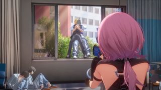 An enemy takes a hostage in Ananta, from the PlayStation gameplay trailer, as the pink haired police office draws a gun on him