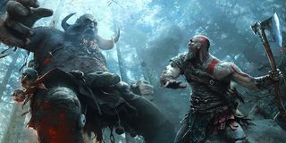 Kratos fights a brute in God of War.