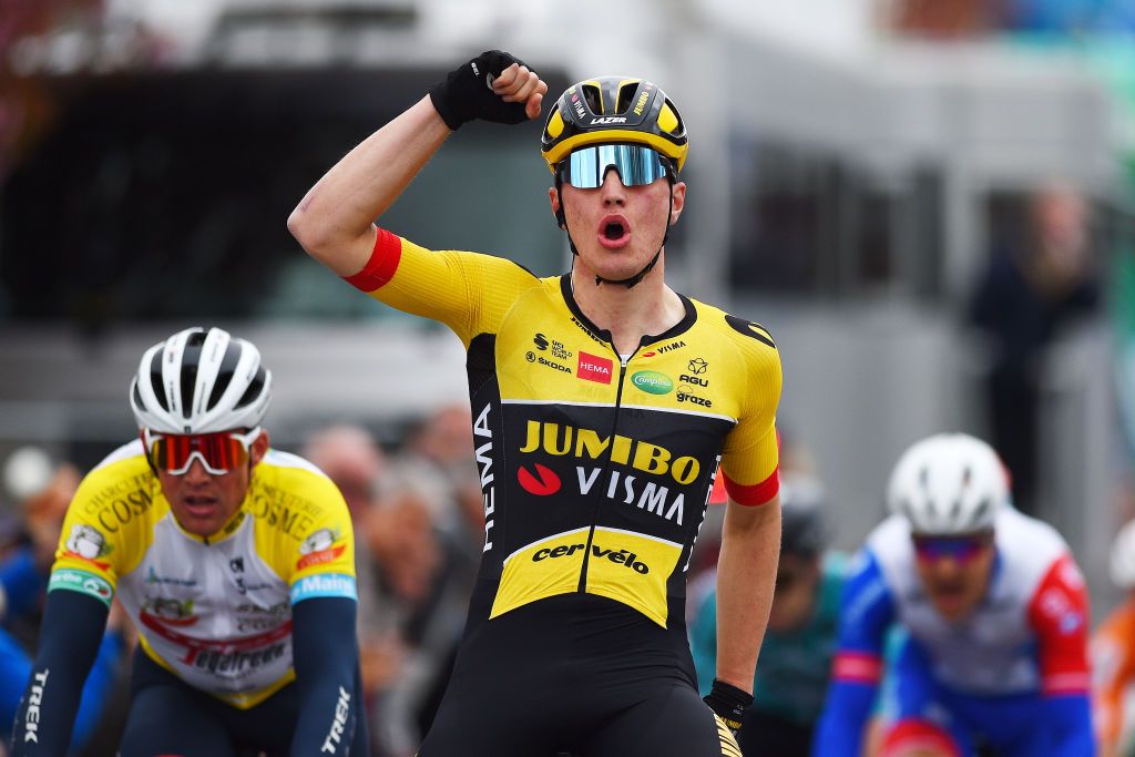 LE LUDE FRANCE APRIL 06 Olav Kooij of Netherlands and Team Jumbo Visma celebrates winning during the 68th Circuit Cycliste Sarthe Pays de la Loire 2022 Stage 2 a 1747km stage from Le Lude to Le Lude CircuitSarthe on April 06 2022 in Le Lude France Photo by Dario BelingheriGetty Images