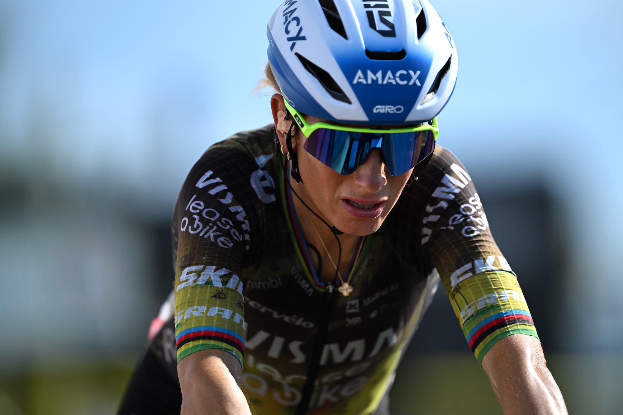 BELLEVILLE-EN-BEAUJOLAIS, FRANCE - AUGUST 05: Pauline Ferrand-Prevot of France and Team Visma | Lease a Bike Women crosses the finish line during the 5th Tour de France Femmes 2026, Stage 5 a 140km stage from Macon to Belleville-en-Beaujolais / #UCIWWT / on August 05, 2026 in Belleville-en-Beaujolais, France. (Photo by Tim de Waele/Getty Images)