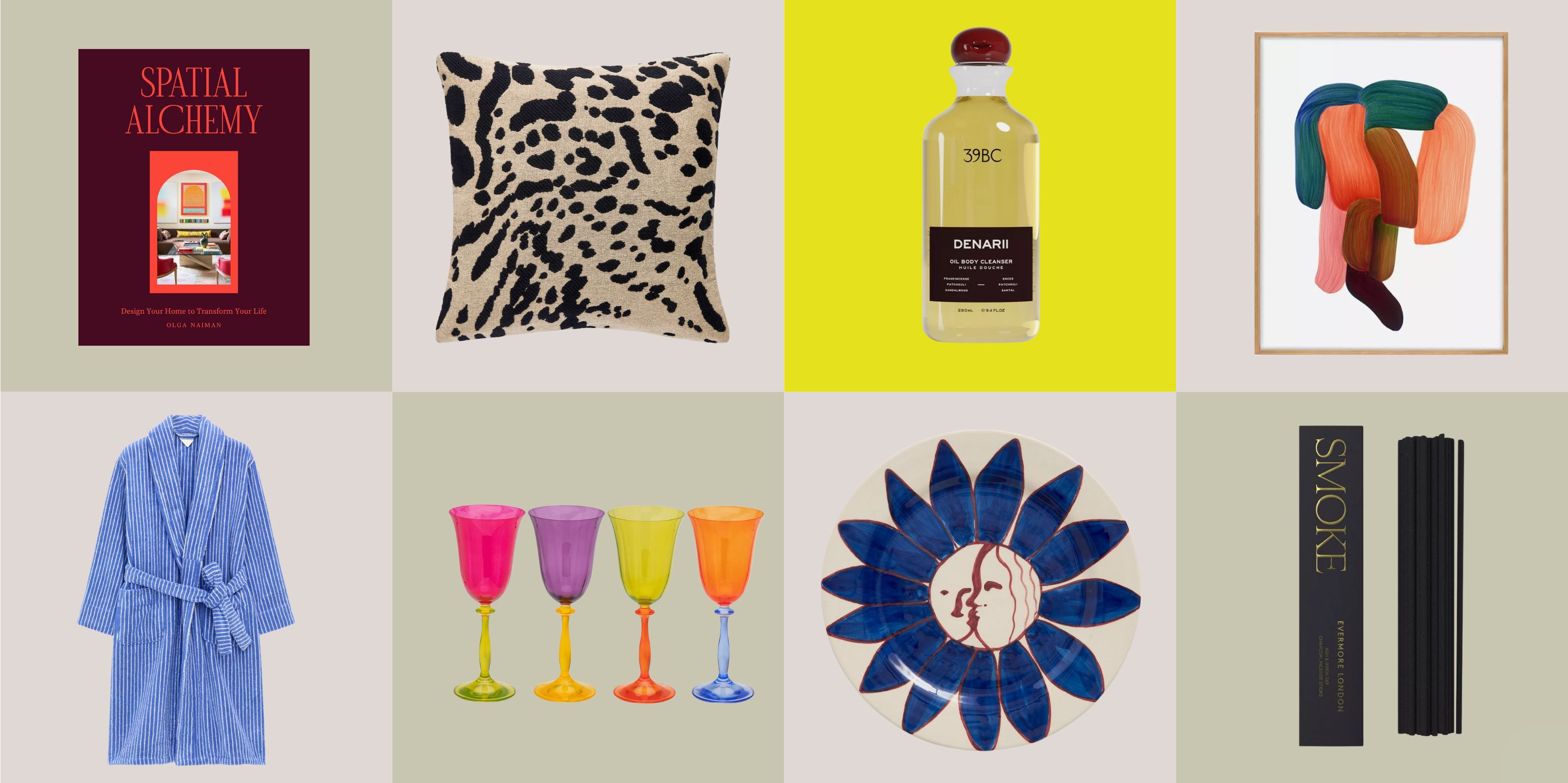 cutouts of coffee table book, robe, cushion, colorful glassware, body oil, plate, artwork, and incense sticks