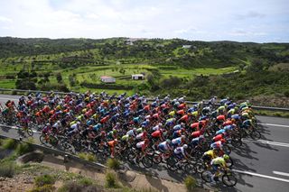 TAVIRA PORTUGAL FEBRUARY 16 A general view of the peloton competing during the 50th Volta ao Algarve em Bicicleta 2024 Stage 3 a 1922km stage from Vila Real de Santo Antonio to Tavira on February 16 2024 in Tavira Portugal Photo by Dario BelingheriGetty Images