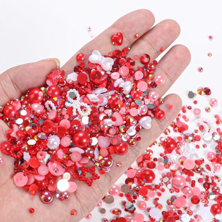 Ome 50g Mix Red Pearl Rhinestones for Bedazzling, Moon Star Heart Bowknots Pearls Nail Charms, 3-8mm Mixed Sizes Flatback Half Pearls and 2-6mm Rhinestones for Crafts Faces Diy Nail Art