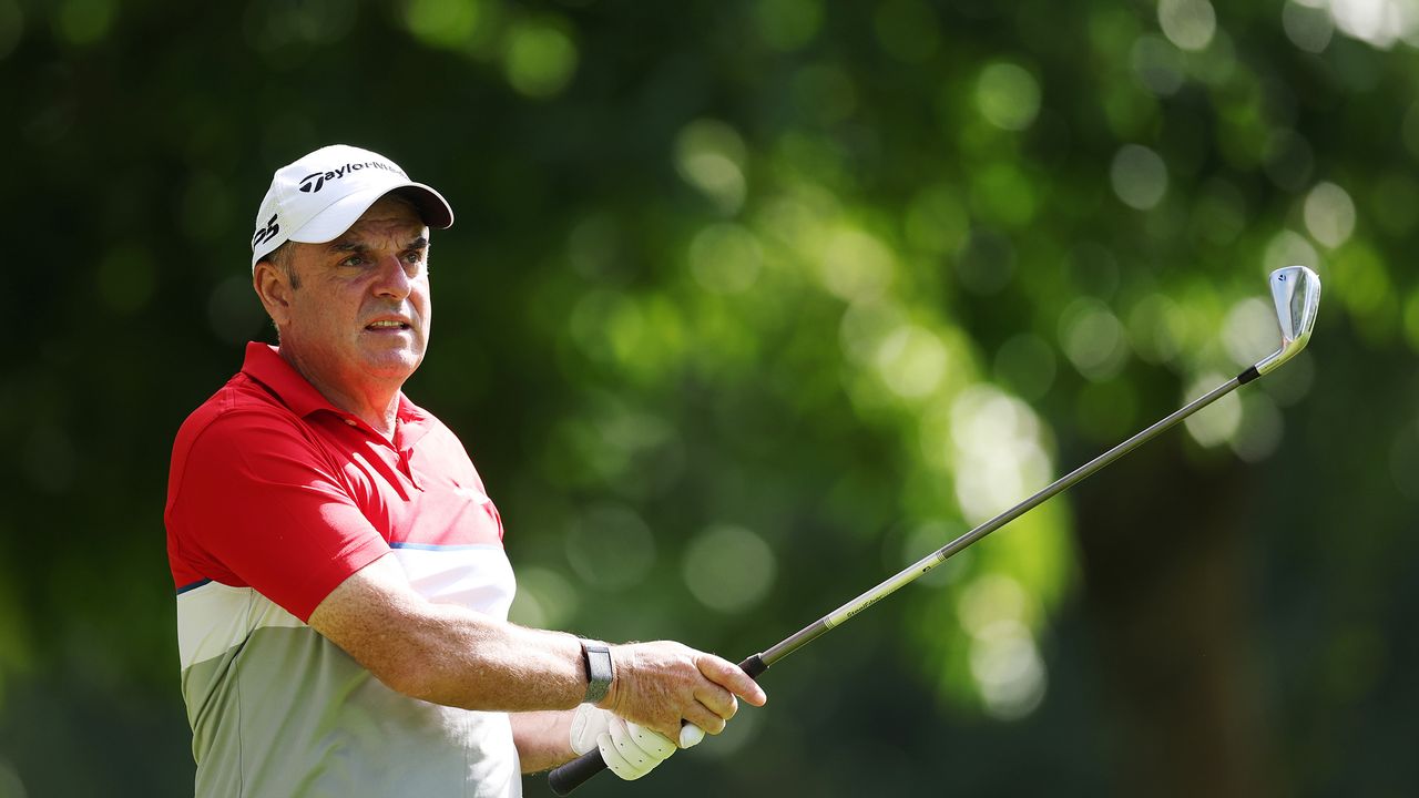 Paul McGinley of Ireland plays a shot during the Pro-Am prior to the Horizon Irish Open at The K Club on September 06, 2023