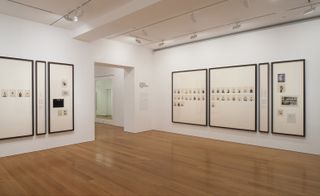 Installation view of seven rectangular black frames with portraits in each.