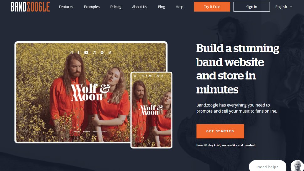 Website screenshot of Bandzoogle (July, 2025)