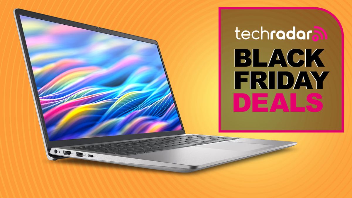 A Dell 15 laptop against a green TechRadar Black Friday deals background