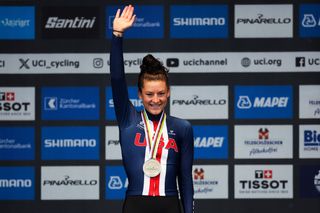 Picture by Ed Sykes/SWpix.com - 28/09/2024 - 2024 UCI Road and Para-cycling Road World Championships, Zurich, Switzerland - Women Elite Road Race Podium - Chloe Dygert (USA) receiving the Silver Medal