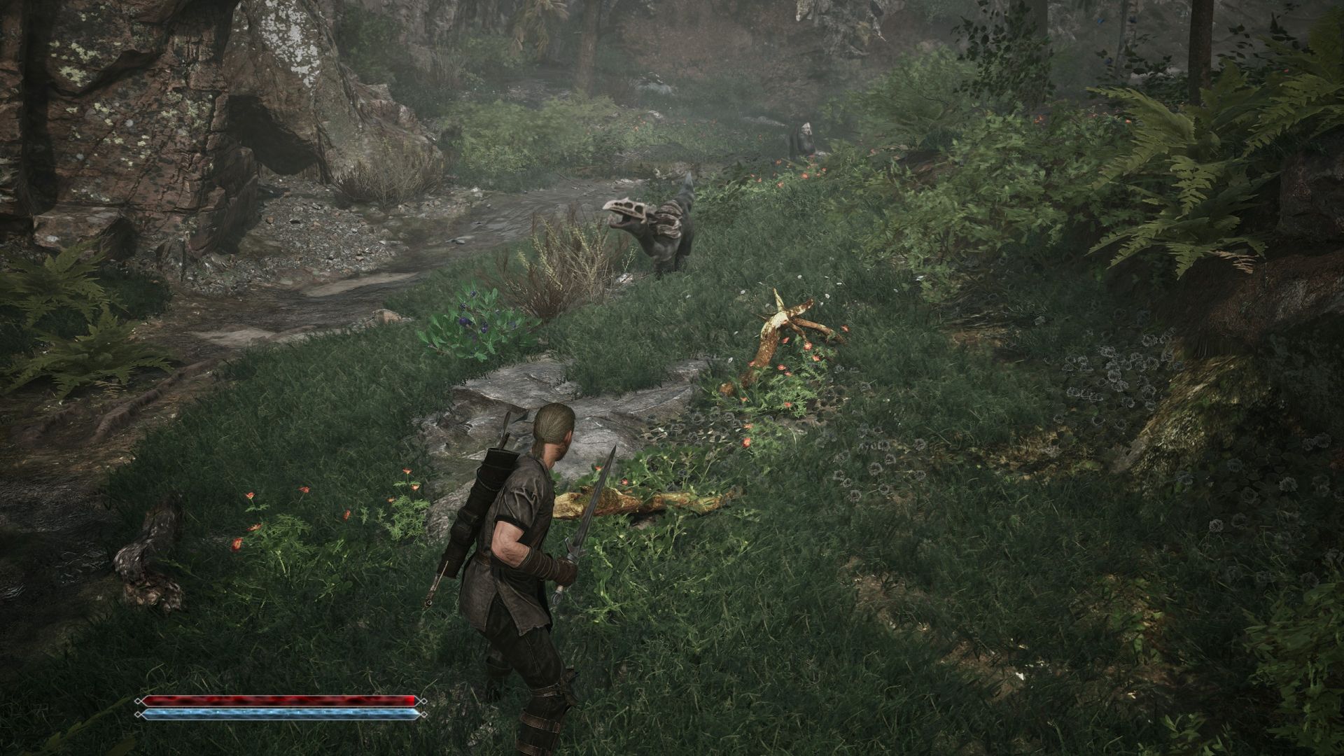 Holding a sword, waiting for a scavenger to charge