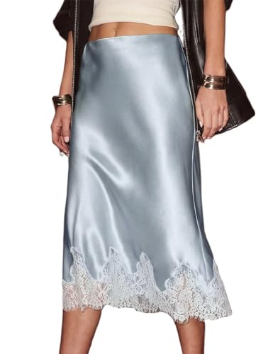 Yimoon Lace Trim Satin Midi Skirt for Women Elegant Elastic Waistband Cocktail Party Flowy a Line Silk Skirt (blue-S)