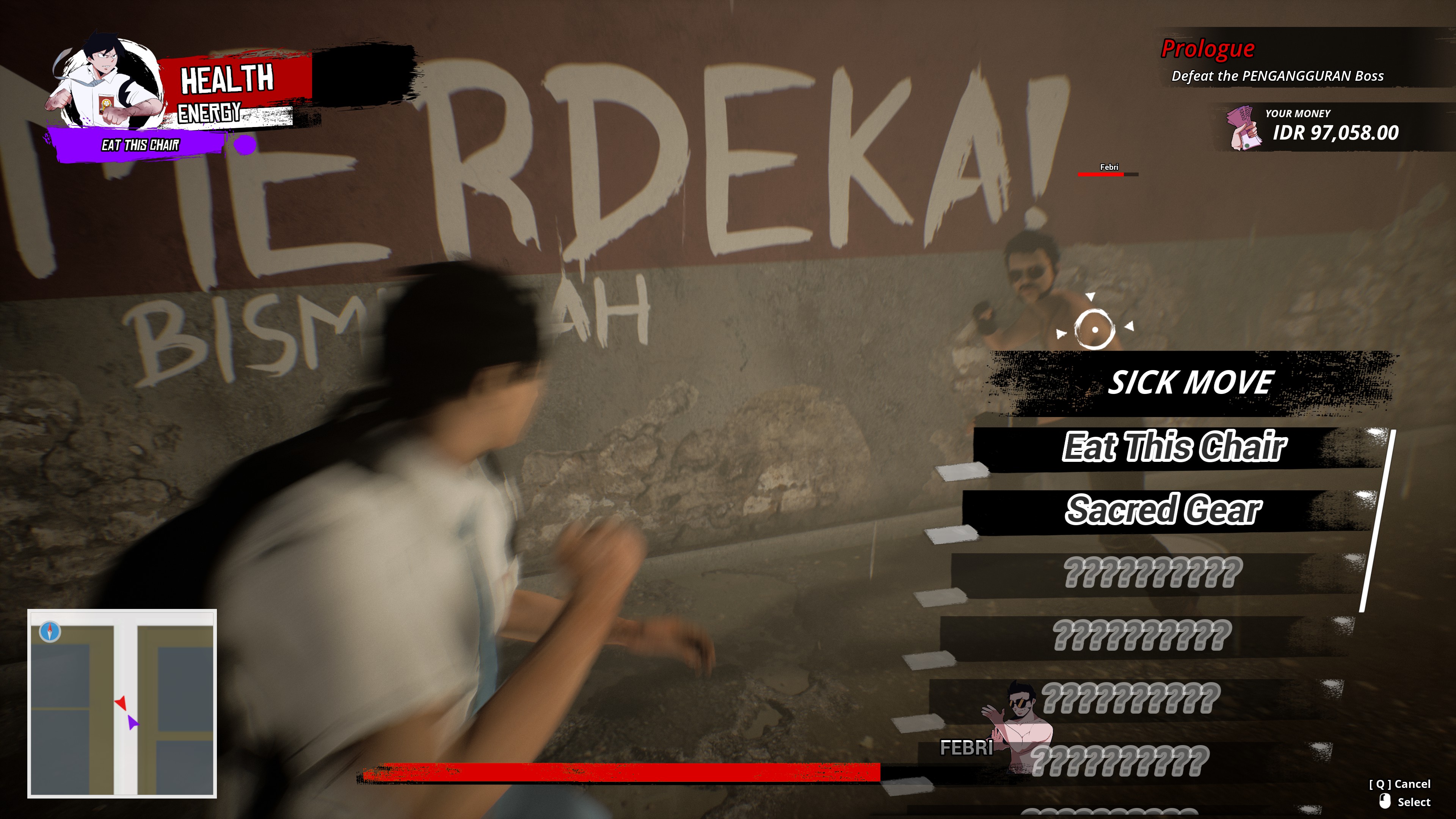 A shot of the Sick Move list from Troublemaker, showing moves called 'Eat This Chair' and 'Sacred Gear'.