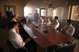 Space Task Group director Bob Gilruth (at center), portrayed by Patrick Fischler, convenes a meeting with the Mercury 7 astronauts to determine the who will fly into space first, in the fifth episode of National Geographic's "The Right Stuff" now on Disney+.