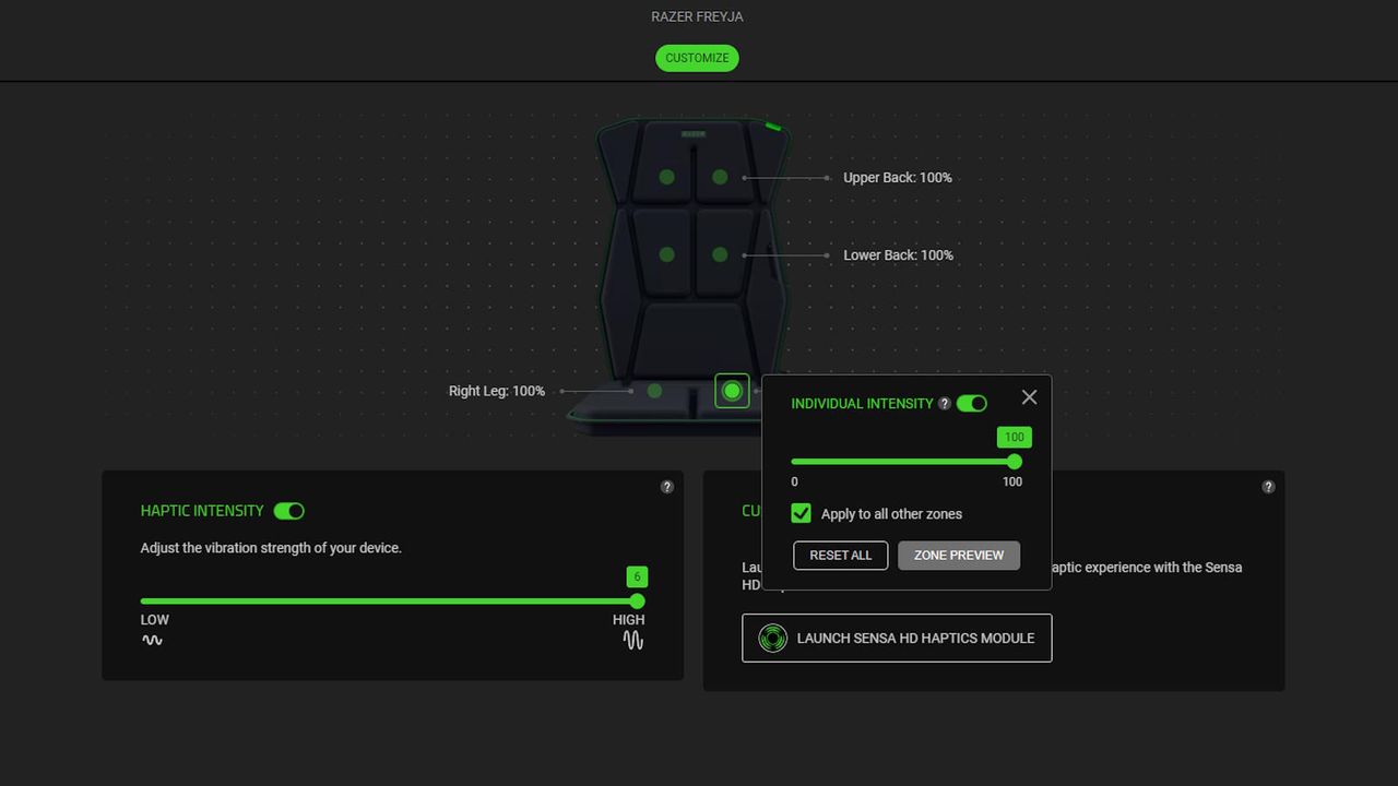 The Razer Synapse application set up for the Razer Freyja cushion.