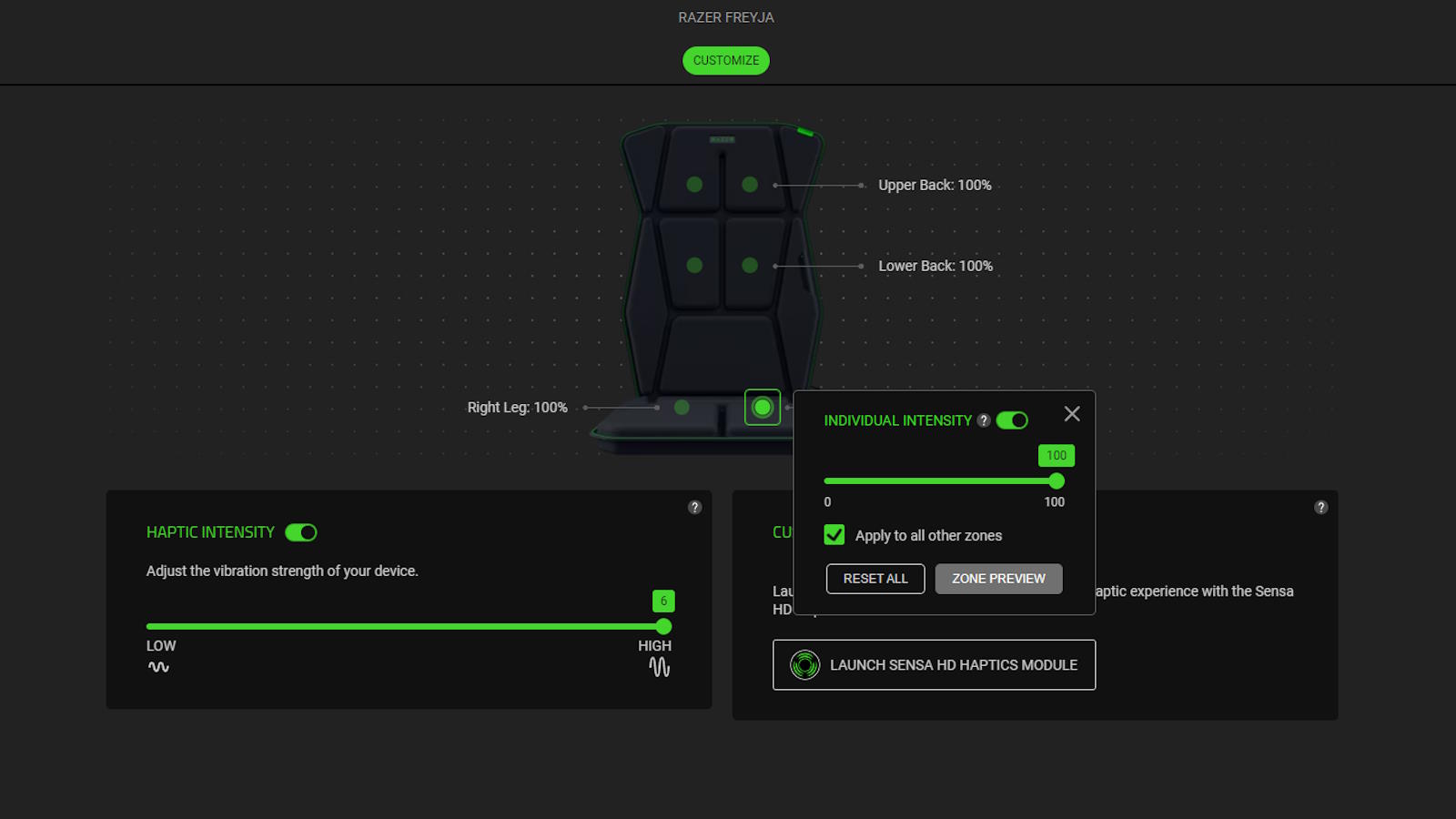 The Razer Synapse application set up for the Razer Freyja cushion.