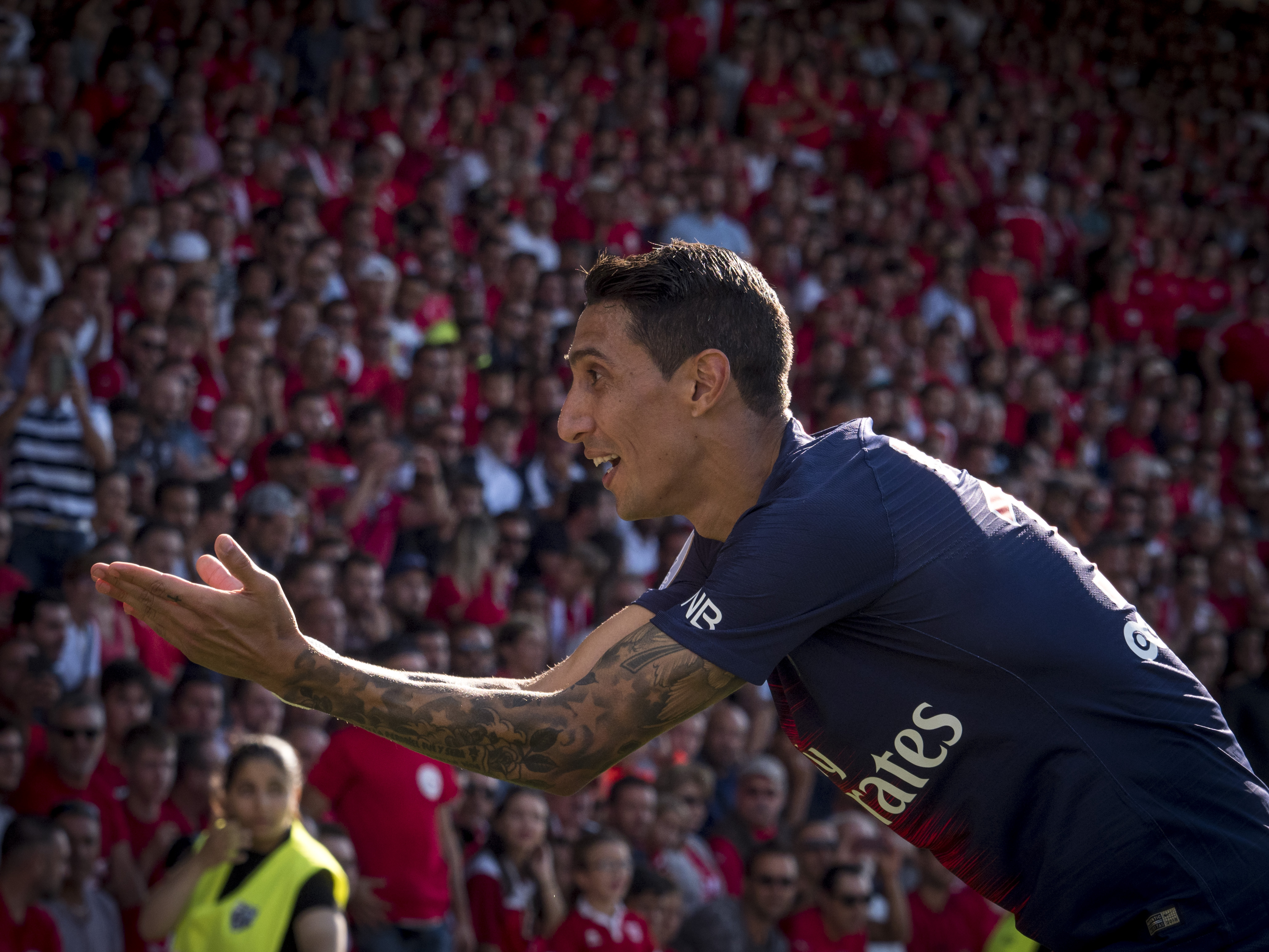 Angel Di Maria celebrates after scoring for Paris Saint-Germain against Nimes in September 2018.