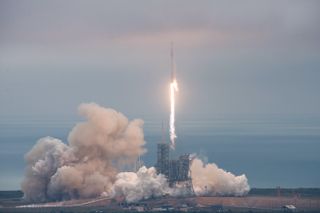 A SpaceX Falcon 9 rocket launches a Dragon cargo mission for NASA from the historic Launch Pad 39A at the Kennedy Space Center in Cape Canaveral, Florida on Feb. 19, 2017.