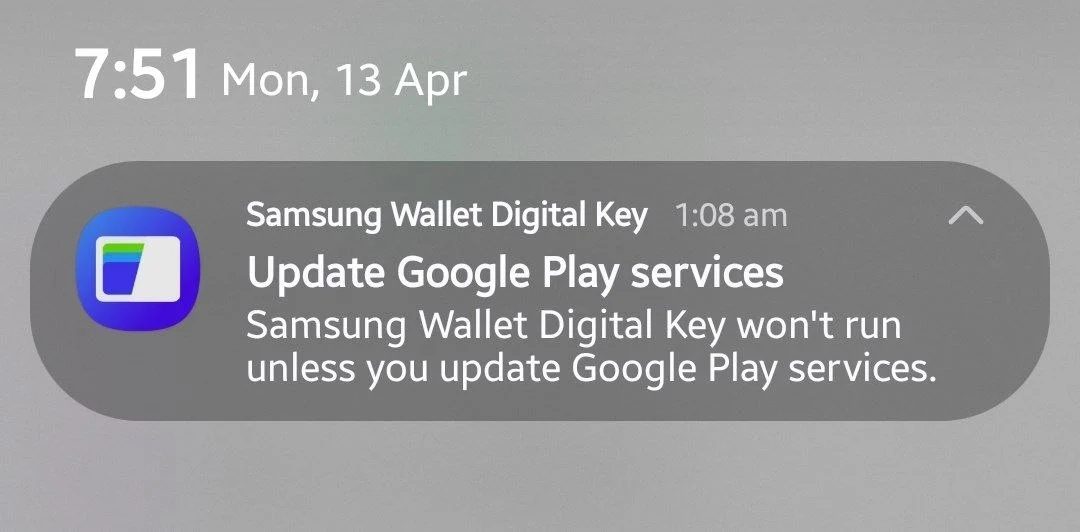 Samsung Wallet notification for updating Google Play Services