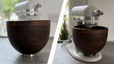 KitchenAid Artisan Stand Mixer with Wooden Bowl on the counter, seen with the bowl separated and at the front as well as attached