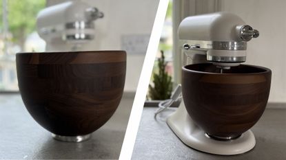 KitchenAid Artisan Stand Mixer with Wooden Bowl on the counter, seen with the bowl separated and at the front as well as attached