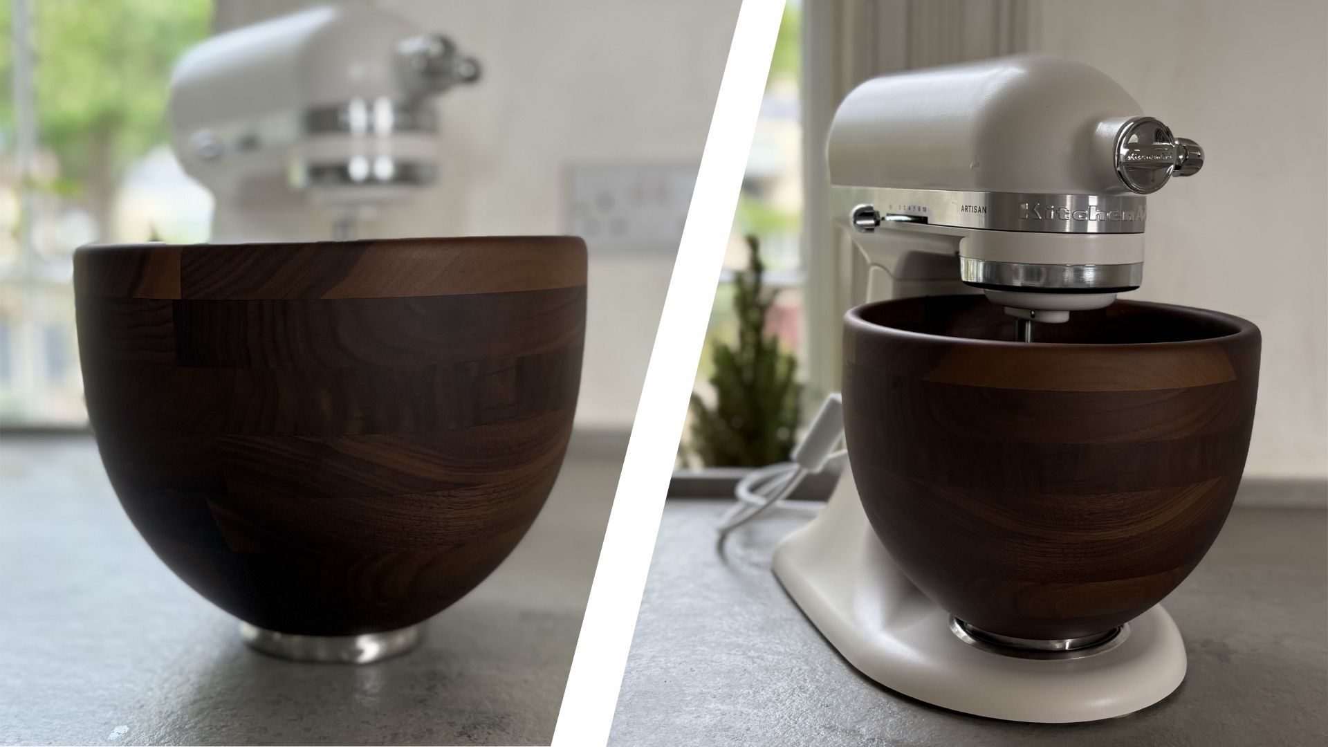 KitchenAid Artisan Stand Mixer with Wooden Bowl on the counter, seen with the bowl separated and at the front as well as attached