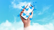 Illustration of a hand in the clouds clutching a smartphone with the Bluesky app