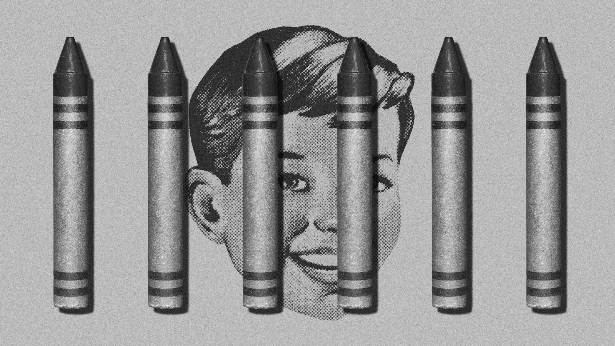 Illustration of a child's face behind bars made of crayons