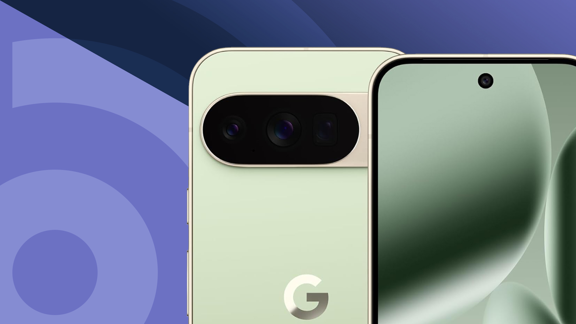 Google Pixel 10 Pro front and back in jade green on a purple TechRadar logo banner