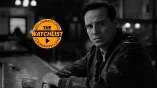 Tom Ripley (Andrew Scott) sitting at a bar in Netflix's Ripley, with our Orange Watchlist Recommended badge iin the left of the frame