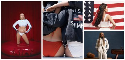 a collage of press and campaign images from olympics collaborations at skims, ralph lauren, loveshackfancy, and jcrew