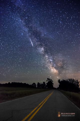 Standing in the middle of the road in Maine, Mike Taylor took this photo of a meteor soaring through the sky over what locals call Mo’s Mountain. He captured this photo on June 10, 2013.