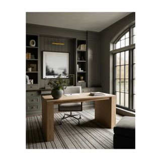 dark home office in grey green with light oak wood desk