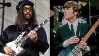 LEFT: Sean Lennon performs with Les Claypool's Fearless Flying Frog Brigade at TD Amp Ballantyne on June 16, 2026 in Charlotte, North Carolina. RIGHT: John Lennon on the set of 'The Ed Sullivan Show' at CBS's Studio 50, New York, New York, February 8, 1964.