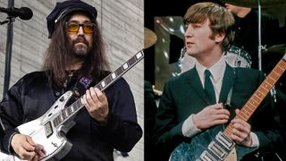 LEFT: Sean Lennon performs with Les Claypool's Fearless Flying Frog Brigade at TD Amp Ballantyne on June 16, 2026 in Charlotte, North Carolina. RIGHT: John Lennon on the set of 'The Ed Sullivan Show' at CBS's Studio 50, New York, New York, February 8, 1964.