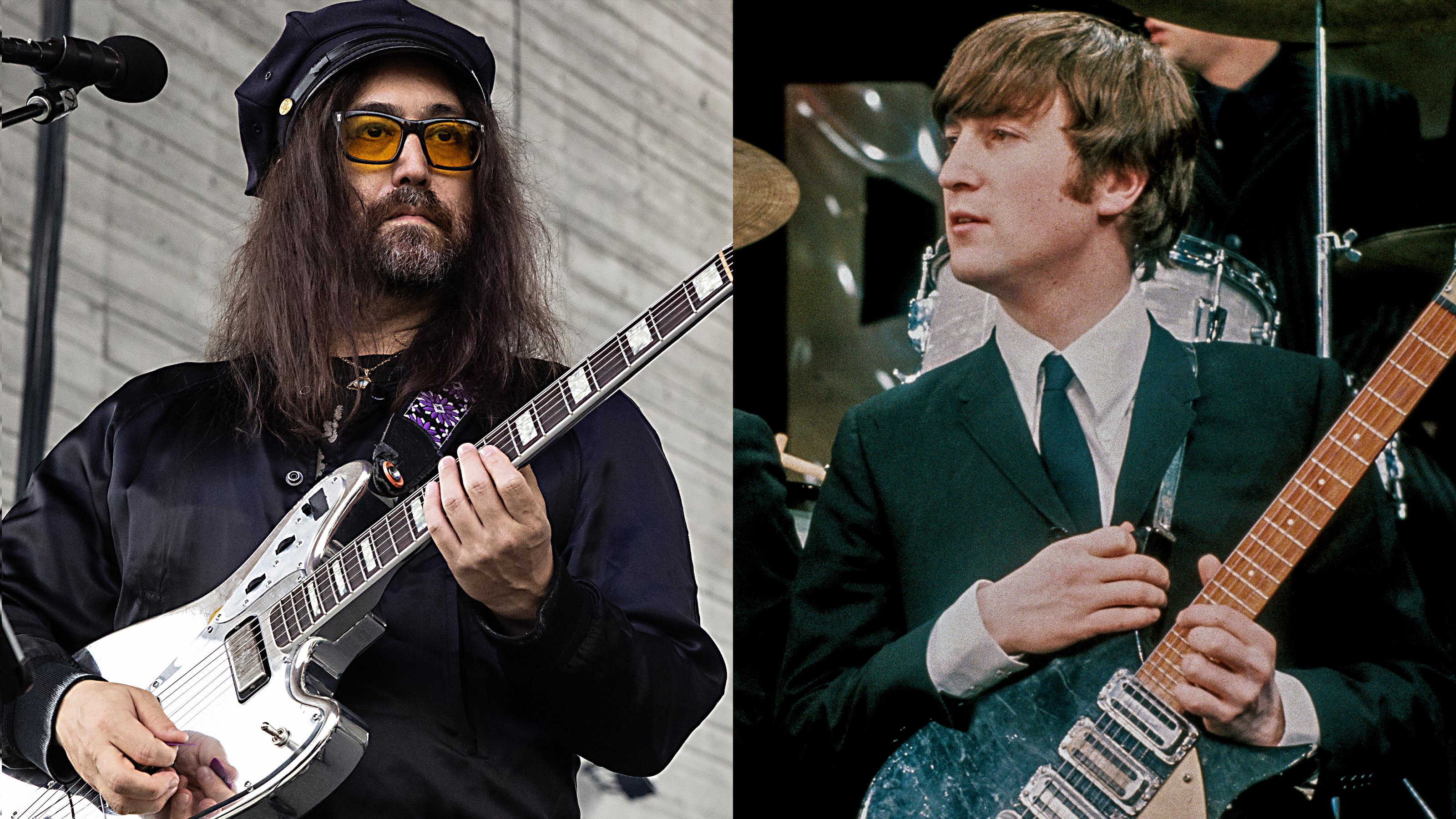 LEFT: Sean Lennon performs with Les Claypool's Fearless Flying Frog Brigade at TD Amp Ballantyne on June 16, 2026 in Charlotte, North Carolina. RIGHT: John Lennon on the set of 'The Ed Sullivan Show' at CBS's Studio 50, New York, New York, February 8, 1964.