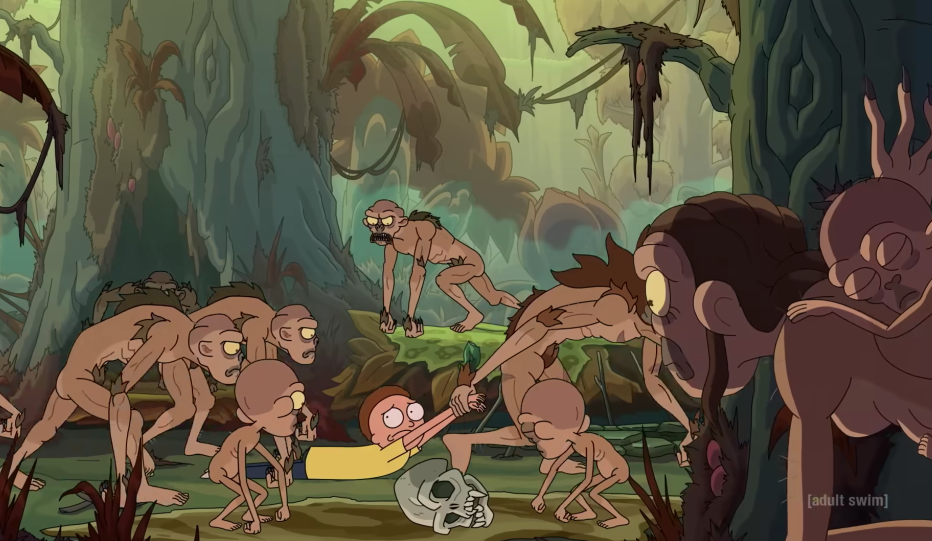 um personagem de desenho animado sendo arrastado por criaturas
