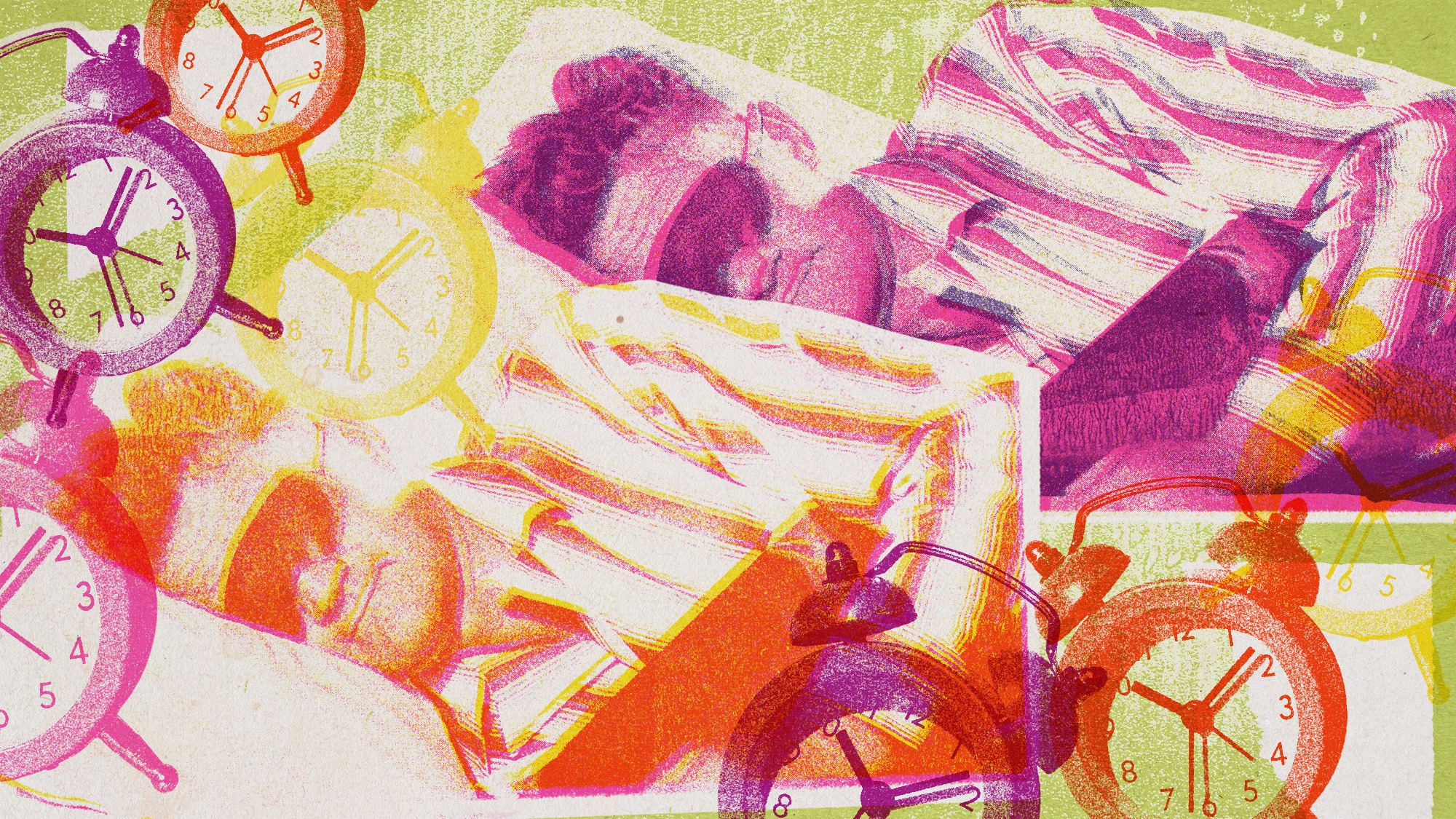 Illustrative collage of a man sleeping, shown twice, with alarm clocks floating around. 