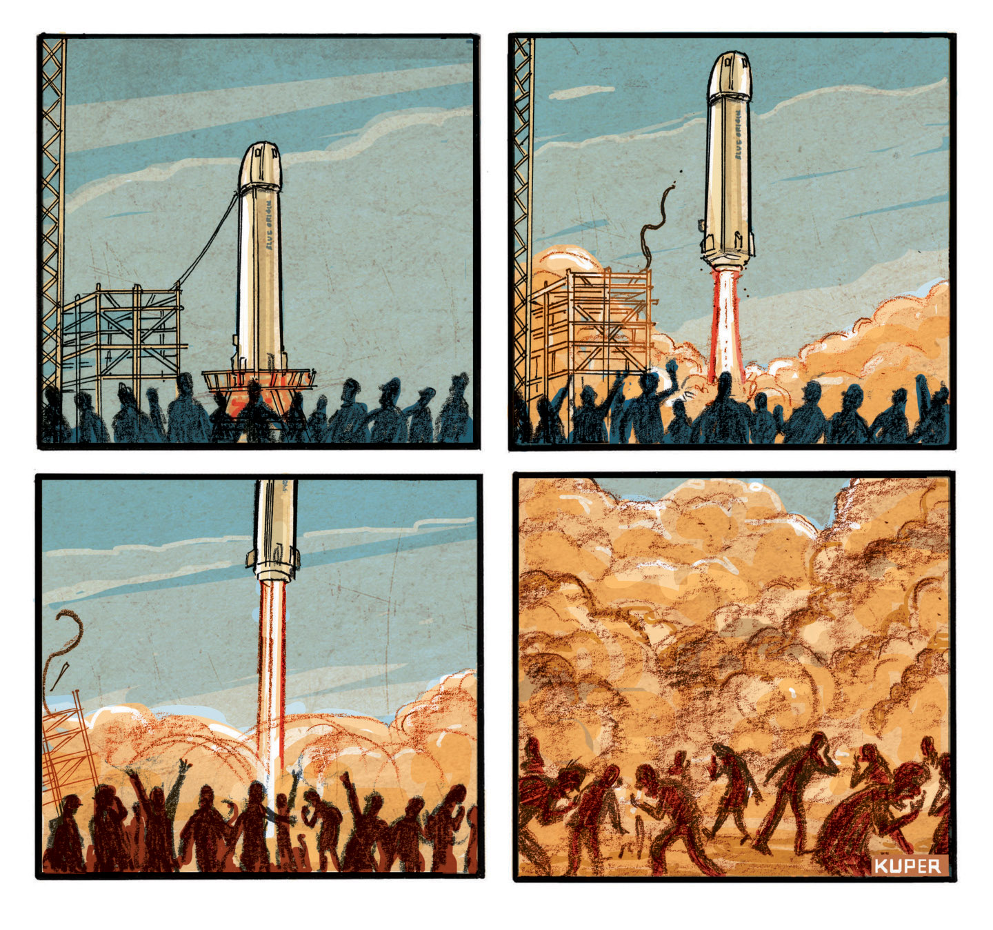 This four-panel cartoon depicts the launch of a rocket, presumably belonging to Jeff Bezos or Elon Musk, in a desert landscape with onlookers. In the first three panels, the rocket ascends, emitting fiery exhaust and smoke, while the crowd watches with excitement. In the final panel, the scene is engulfed in thick, toxic-looking brown clouds, and the onlookers are coughing and fleeing.