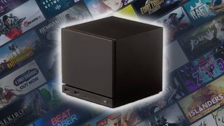 Angled view of Steam Machine with glowing edges and Steam game artwork panels in backdrop.