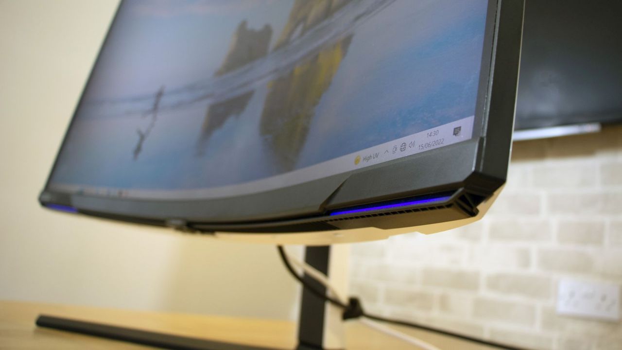 A closeup of the Samsung Odyssey Neo G8's RGB lighting