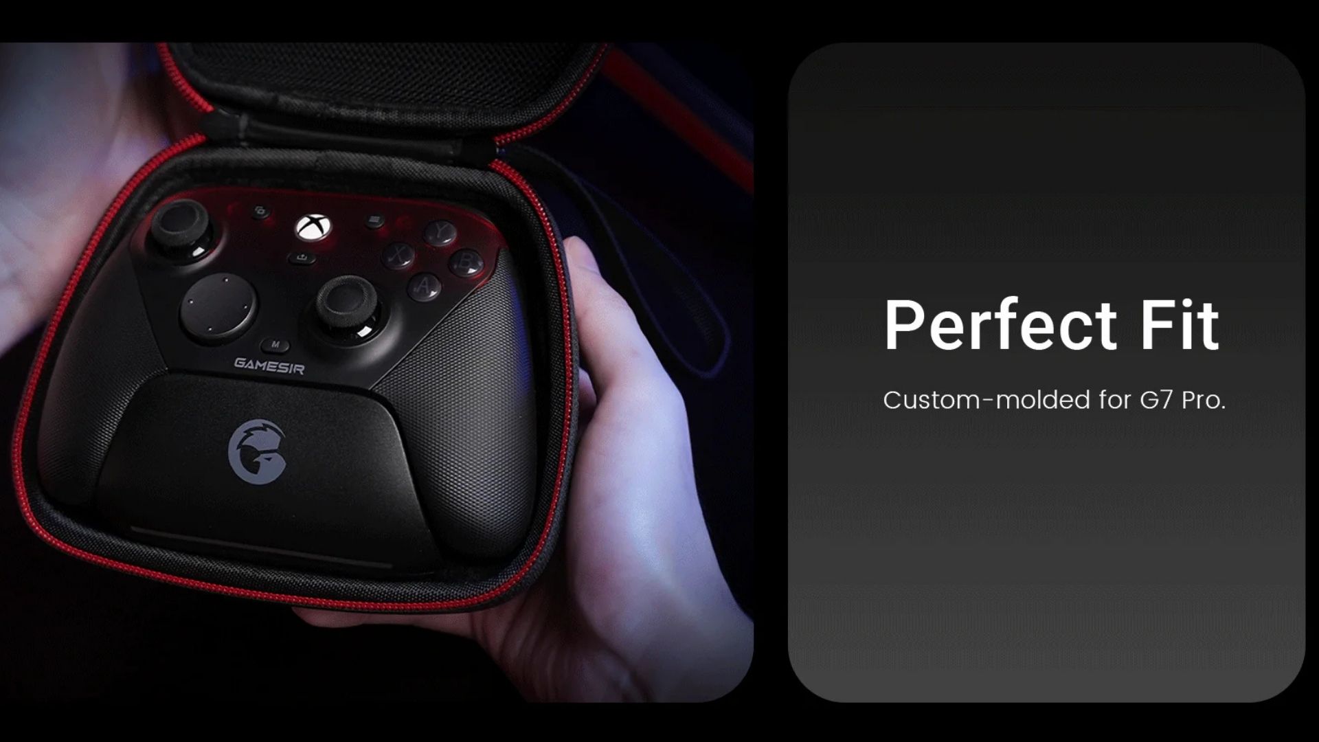 A marketing image showing a GameSir G7 Pro in its case with a "perfect fit" information box next to it