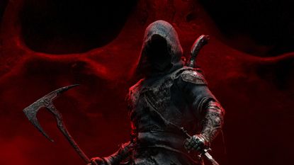 Key art for Mortal Shell 2 showing a hooded figure with an axe on a bloody, textured background