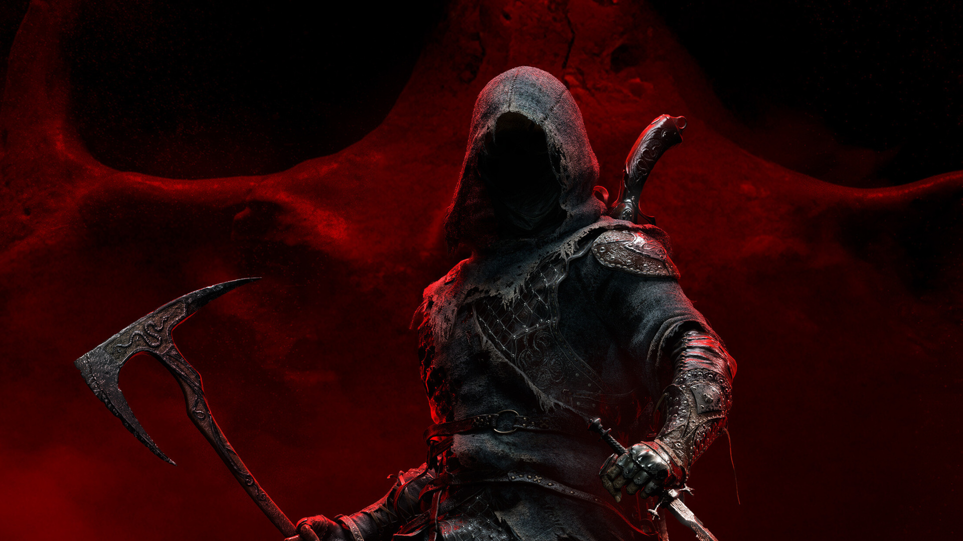 Key art for Mortal Shell 2 showing a hooded figure with an axe on a bloody, textured background