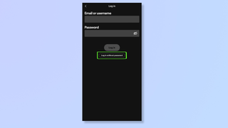 Screenshot of the Spotify app with a box highlighting Log in without password. 