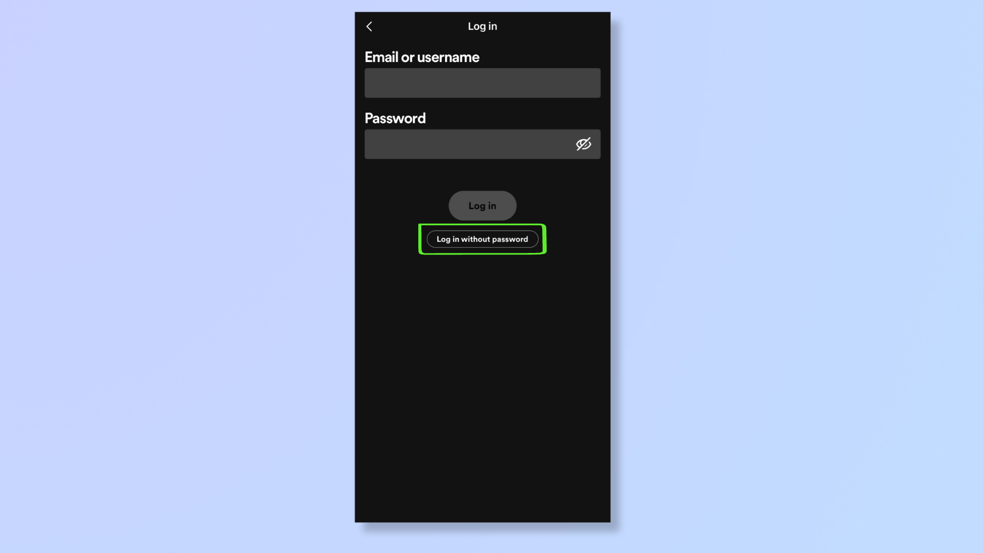Снимок экрана приложения Spotify с полем «Войти без пароля». 